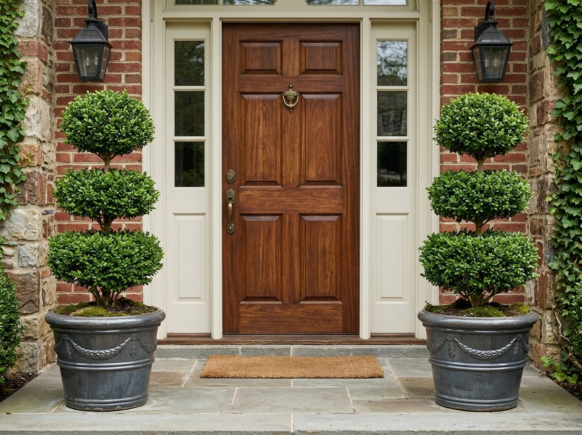 1. Potted Topiary Pair Framing the Door
